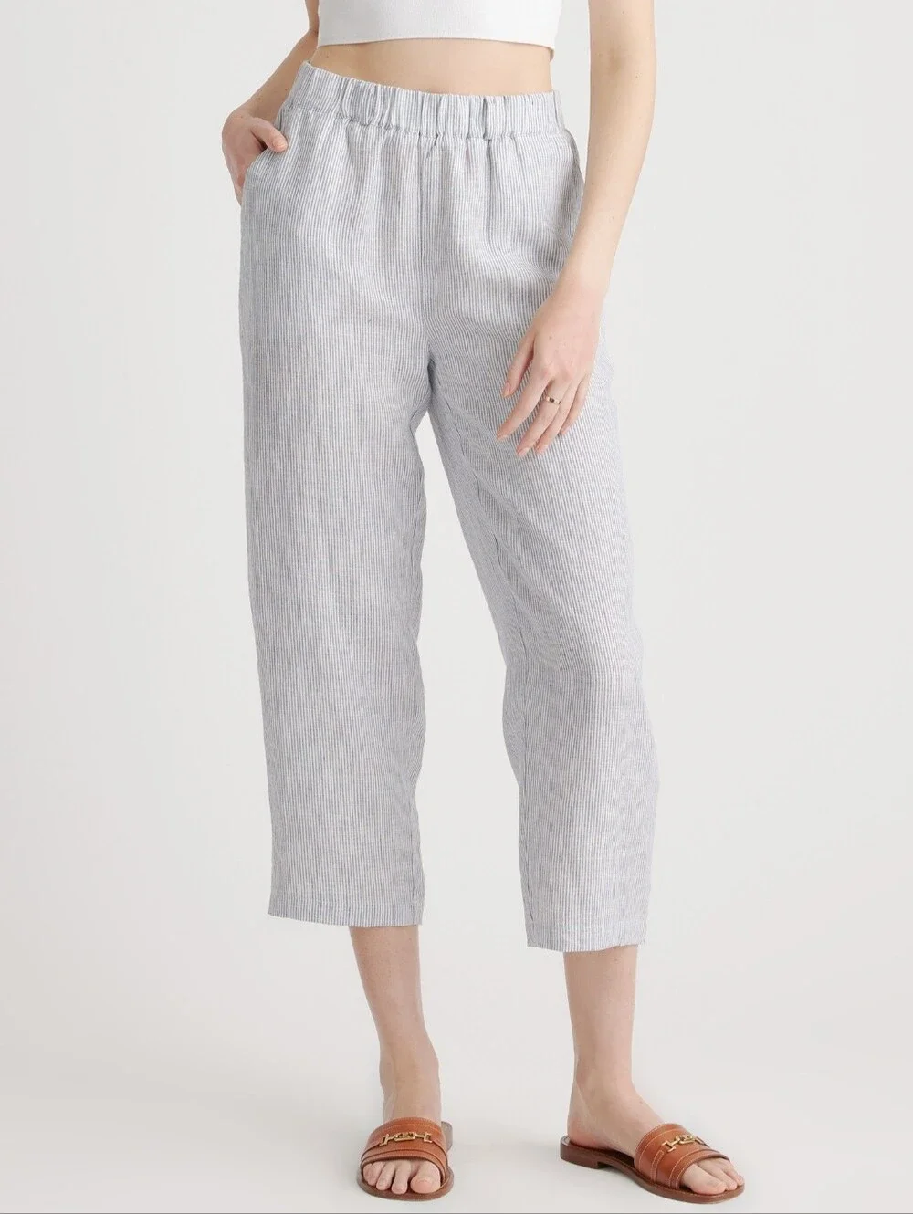 QUINCE Blue Pinstripe 100% European Linen Pants L